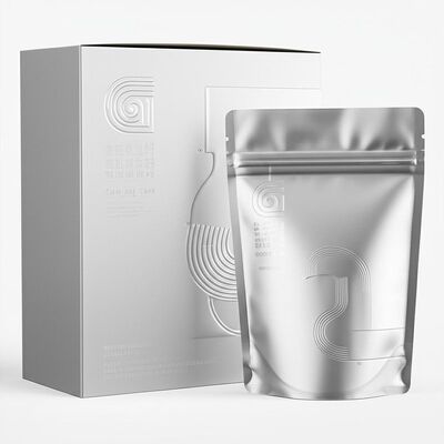 Boîte d'emballage en papier avec pelliculage mat intégrant des effets spéciaux de gaufrage, de débossage, de vernis sélectif et un sachet de type stand-up, pour l'emballage