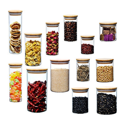 Bouteille de stockage en verre à couvercle en bambou, récipients de stockage en cuisine Matériau en verre