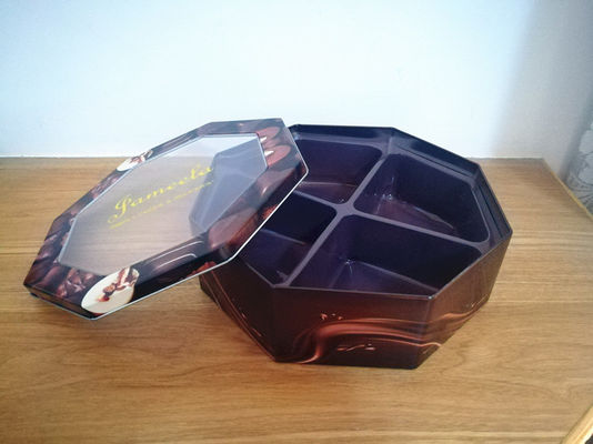 Boîte en fer blanc décorative en forme hexagonale avec une fenêtre en PET imprimée sur mesure