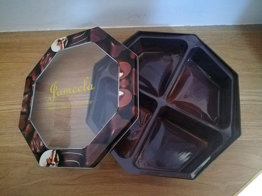 Boîte en fer blanc décorative en forme hexagonale avec une fenêtre en PET imprimée sur mesure
