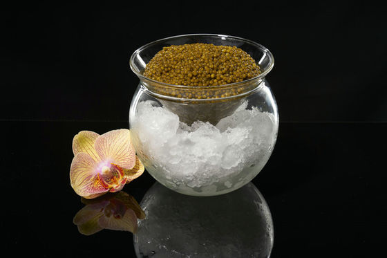 Serveur de caviar en verre, assiette de caviar en forme ronde et bol de glace.