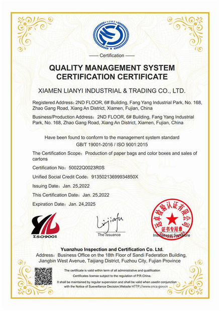 La Chine Lianyi International industrial and trading co.,Ltd certifications